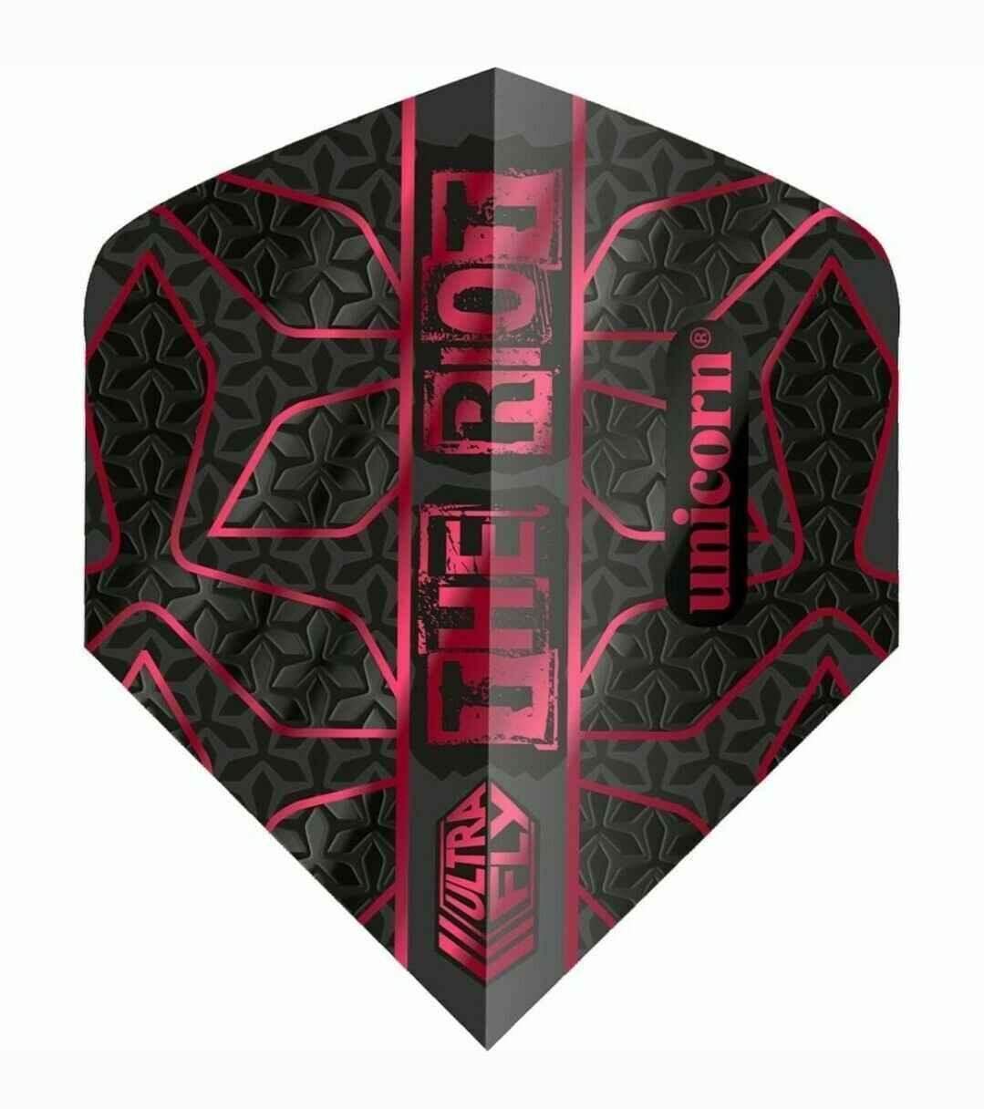Unicorn The Riot Dartflights in Schwarz-Rot mit geometrischem Muster und Ultra Fly Technologie