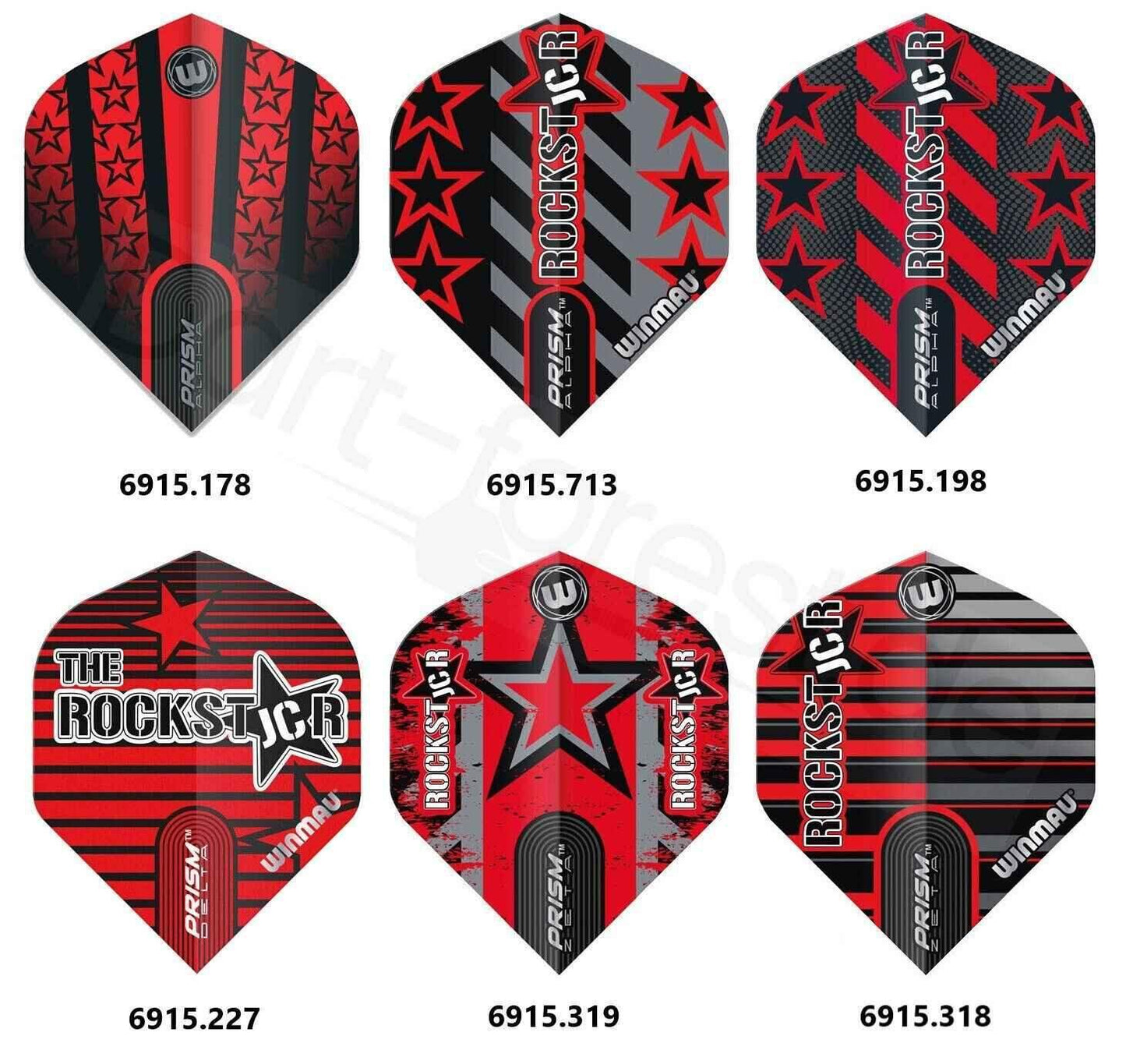 Winmau Rockst Jr Dartflights in Rot-Schwarz, verschiedene Designs mit Sternen und Prism-Alpha/Delta