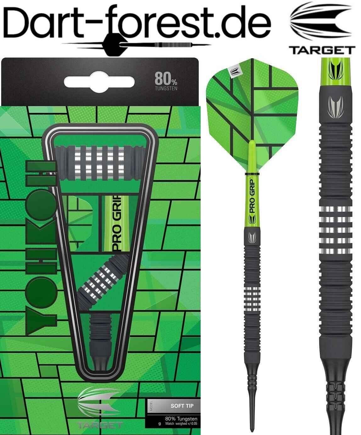 Target Yohkoh Pro Grip Dartpfeil, 80% Wolfram, grün-schwarz, Soft Tip, Dart Forest Verpackung
