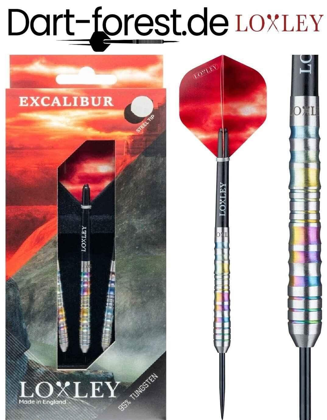 Loxley Excalibur Steel Tip Darts mit 95% Wolfram, roten Flights und irisierendem Griff, Made in England
