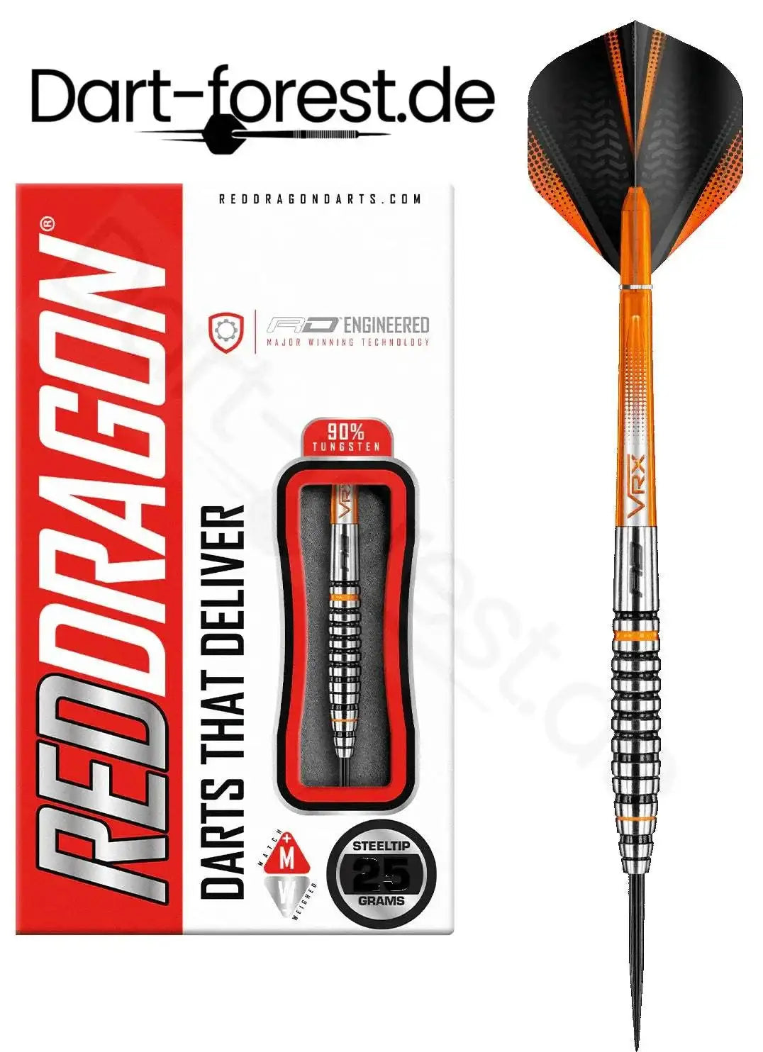 Red Dragon VRX 90% Wolfram Dartpfeil, 25g, Steeltip, orange-schwarze Flügel, ideal für Dartspieler