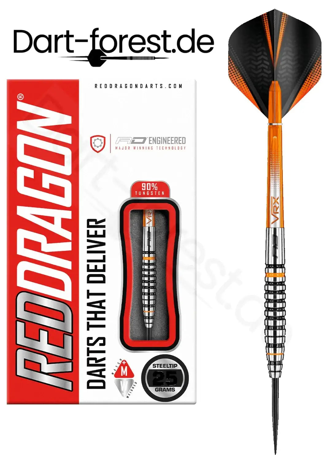 Red Dragon VRX 25g Steel Tip Dart mit 90% Wolfram, orange-schwarzen Flights und Griff