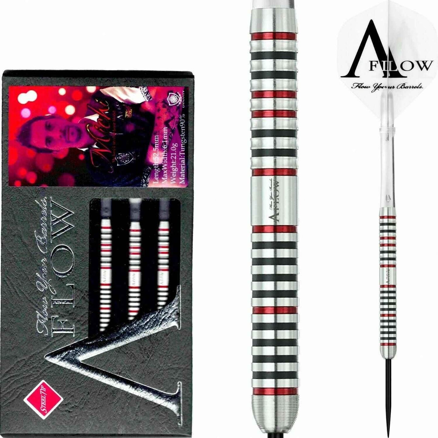 A-Flow Nicki 90% Tungsten Dartpfeile mit roten Ringen, 21g, Steel Tip, inkl. Verpackung