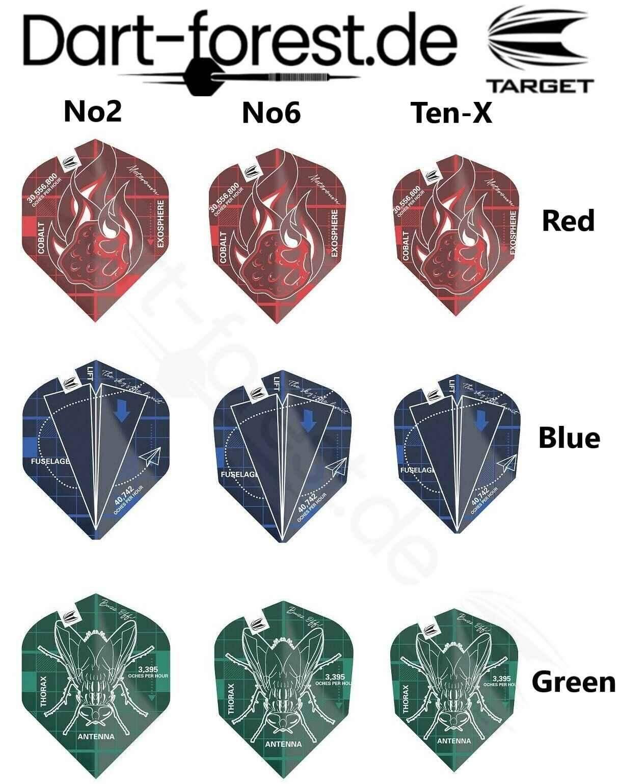 Target Dartflights in Rot, Blau, Grün – Modelle No2, No6, Ten-X mit Exosphere & Thorax Design