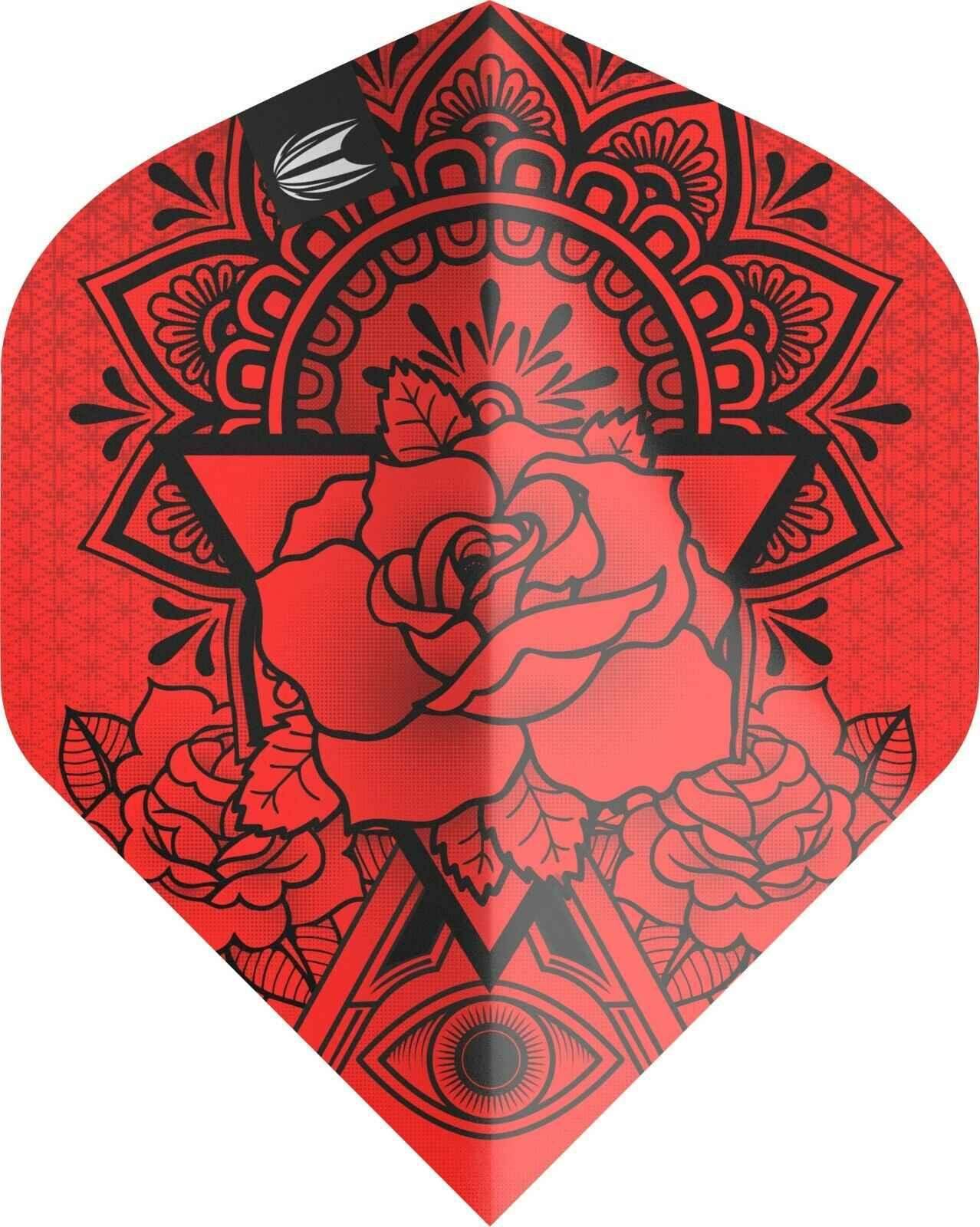 Rote Dartflügel mit schwarzer Rosen- und Mandala-Musterung, ideal für Dartsportler