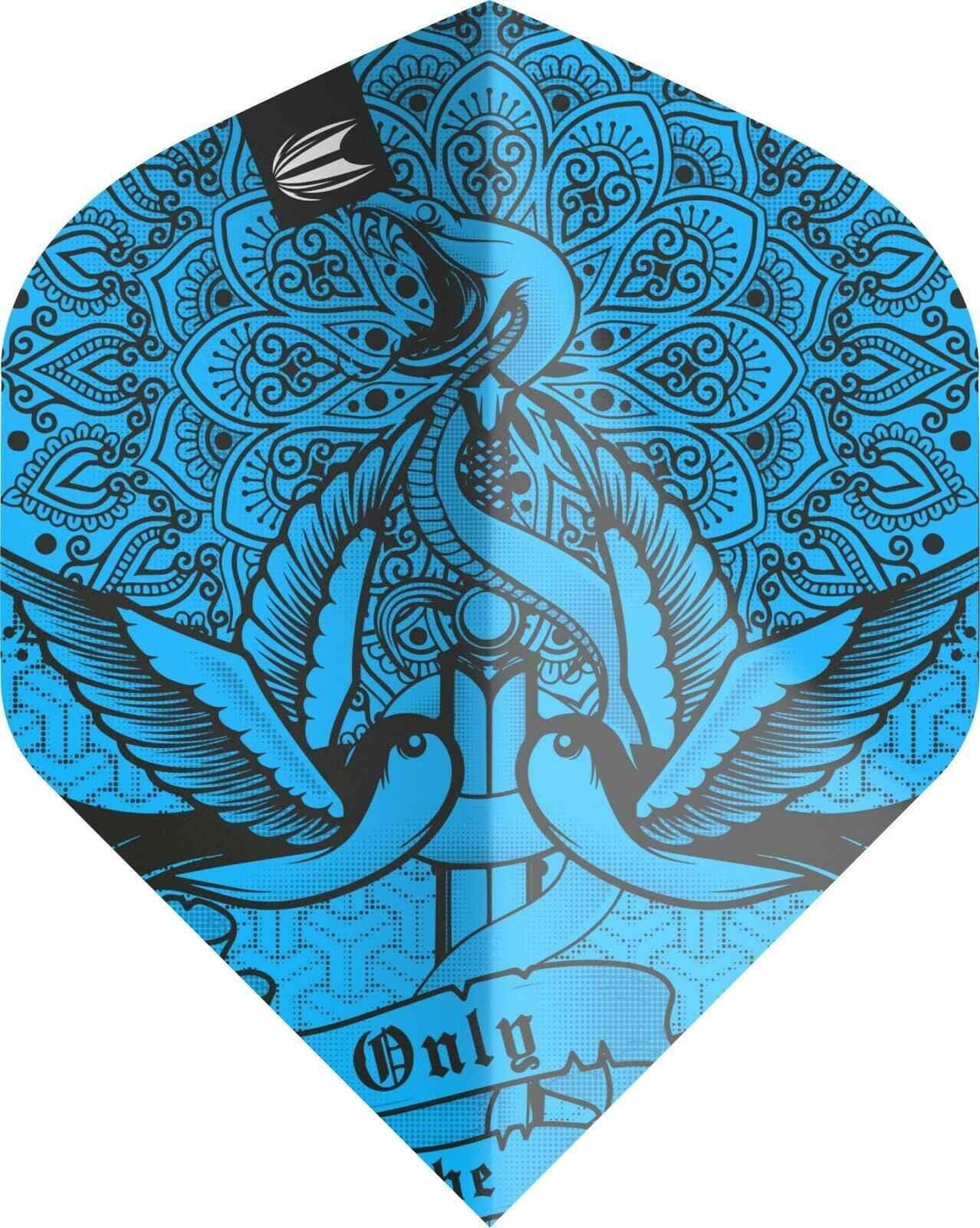 Blauer Dartflügel mit Vogelmotiv und Mandala-Design, ideal für Dartsportler