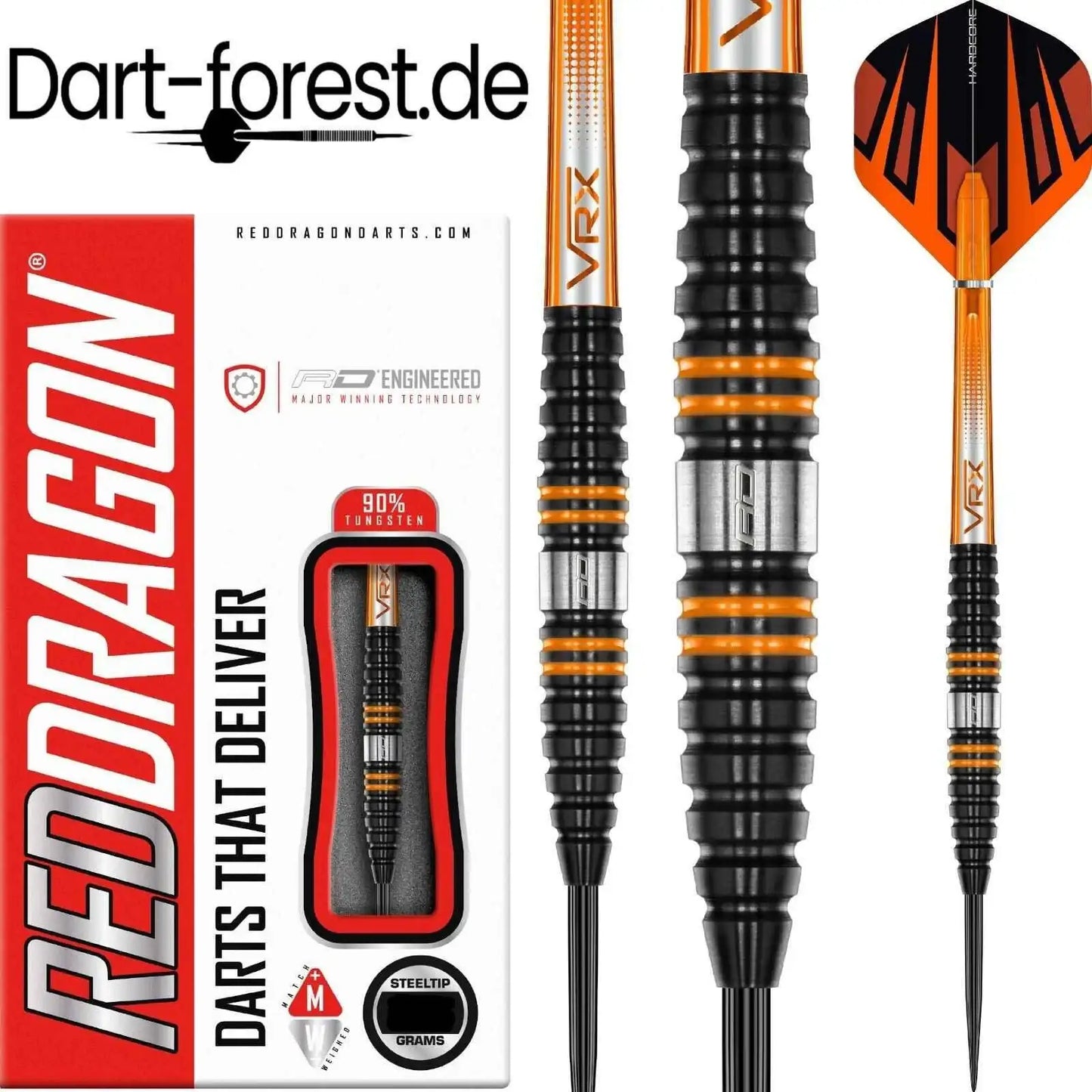 Red Dragon VRX 90% Wolfram Dartpfeile mit Steeltip und orangen Flügeln, ideal für Profispieler