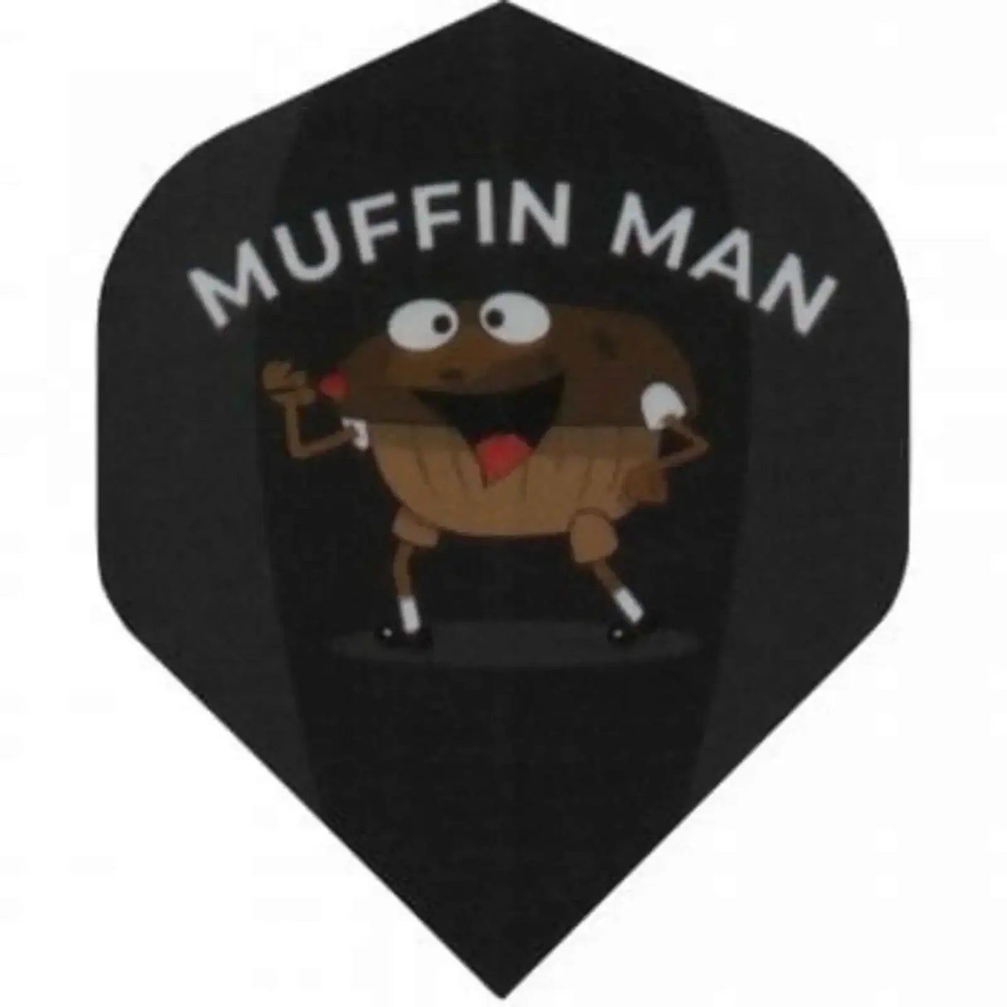 Schwarzer Dartflügel mit Muffin Man Motiv, lustiger Muffin-Charakter, ideal für Dartsportler