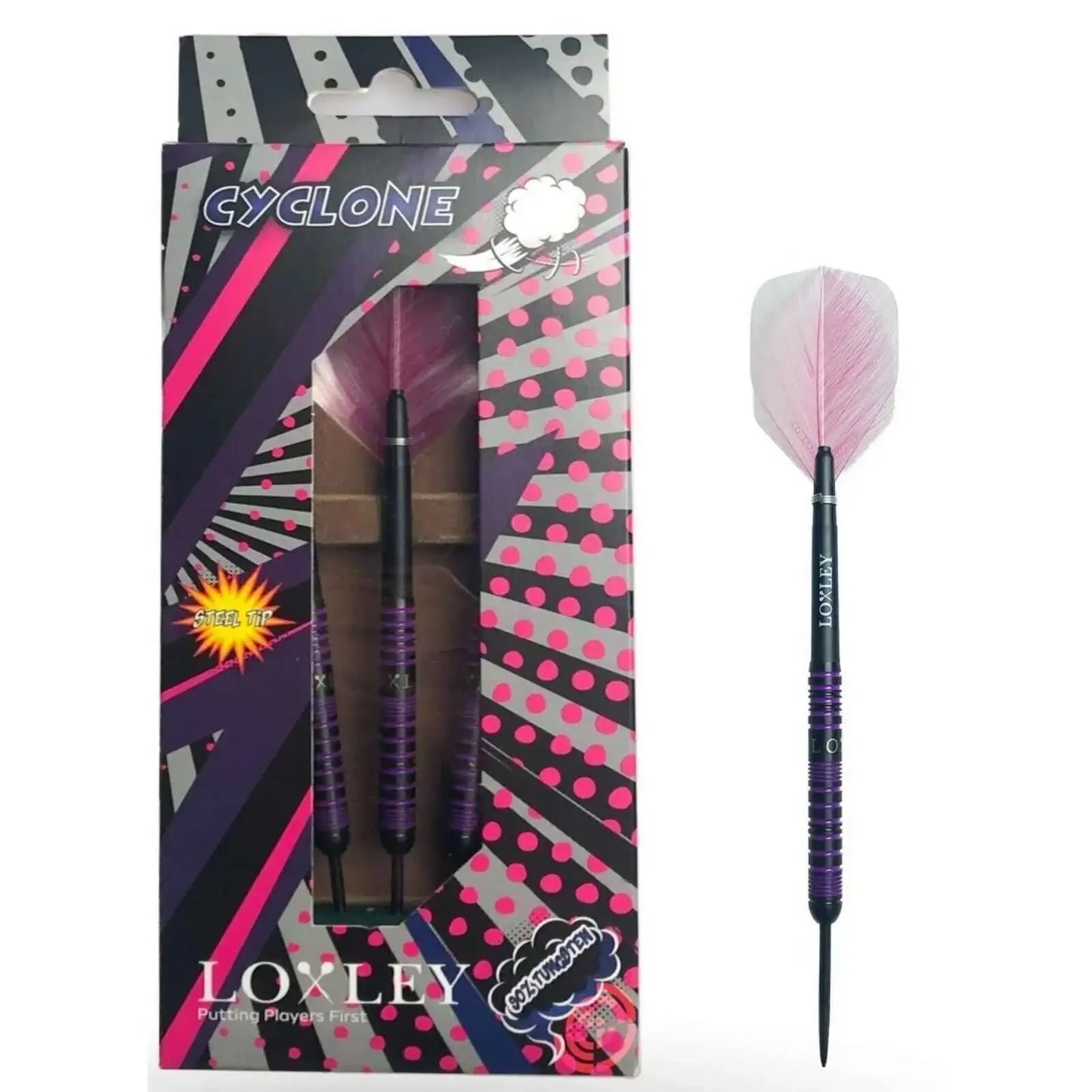 Loxley Cyclone Steel Tip Darts mit pinken Flights, 80% Wolfram, ideal für Dartspieler