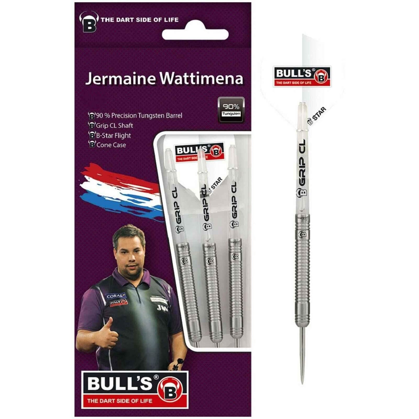 Bull's Jermaine Wattimena Darts mit 90% Wolfram, Grip CL Schaft und B-Star Flügeln – professionelle Dartpfeile