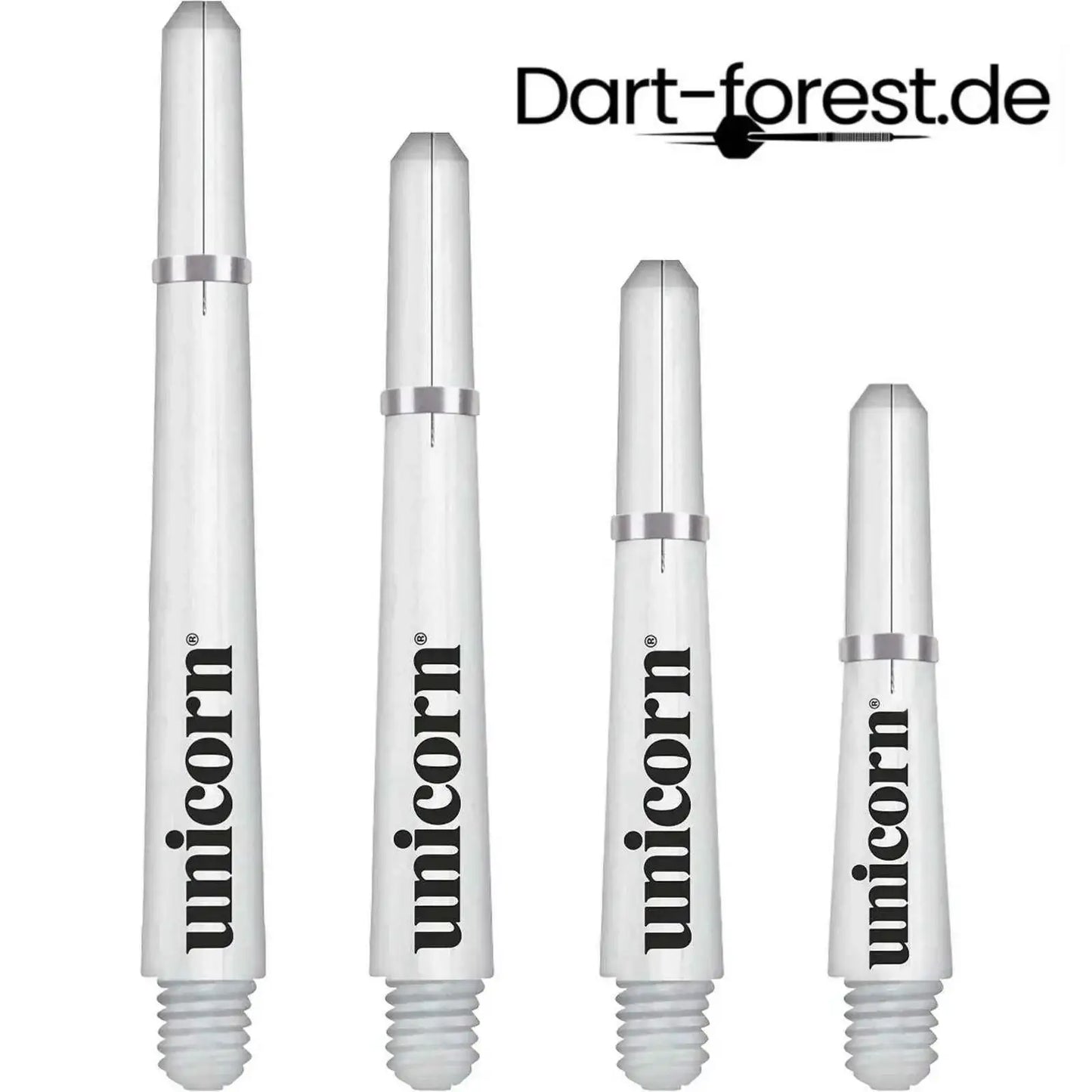 Unicorn Dart Shafts in verschiedenen Längen, transparent mit silberner Klemme, ideal für Dartspieler