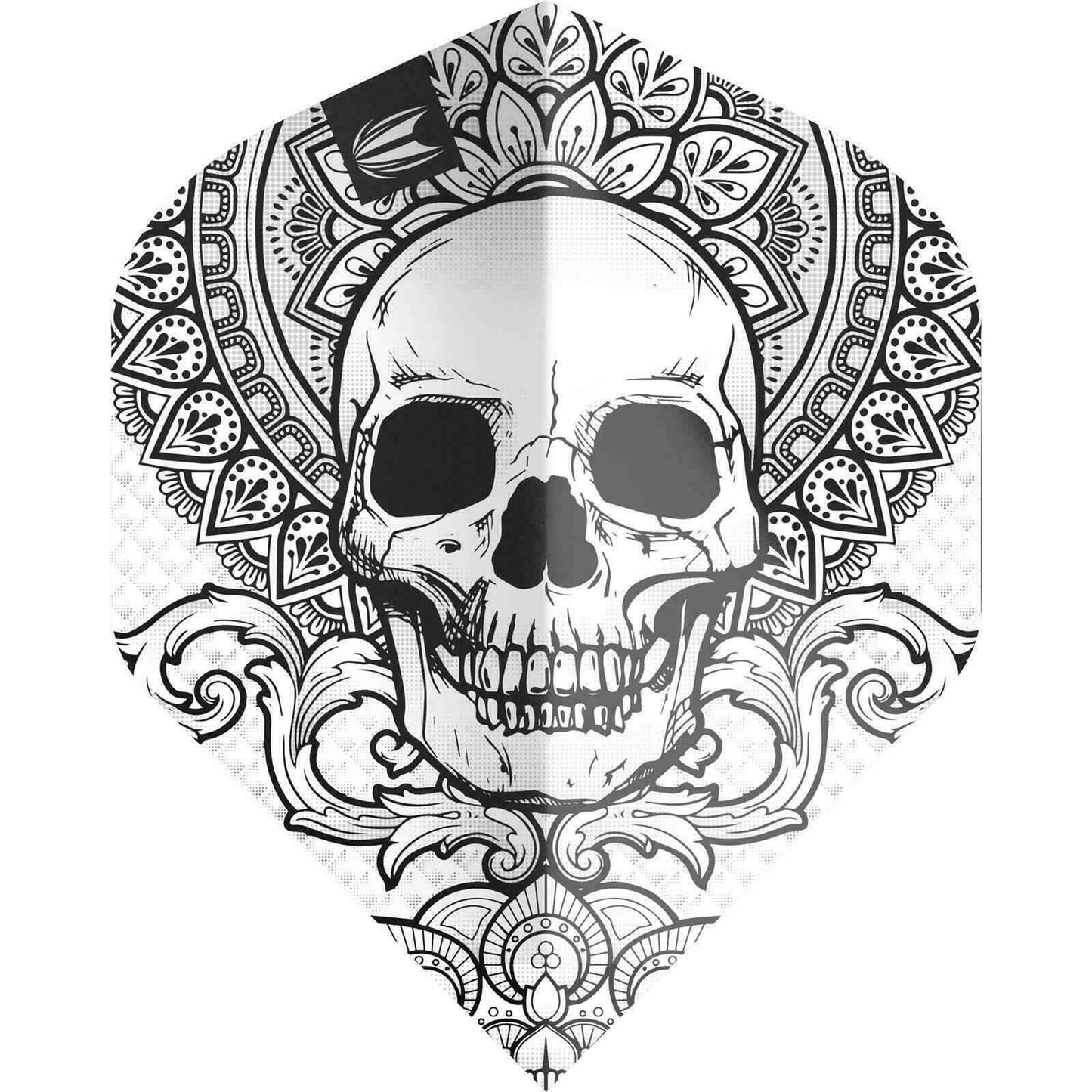 Dartflügel mit Totenkopf-Mandala-Design, schwarz-weiß, detailreich für Dartsportler