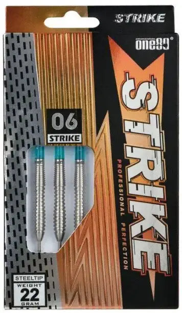 one80 Strike 06 Steeltip Darts 22g – professionelle Dartpfeile mit blauen Flights