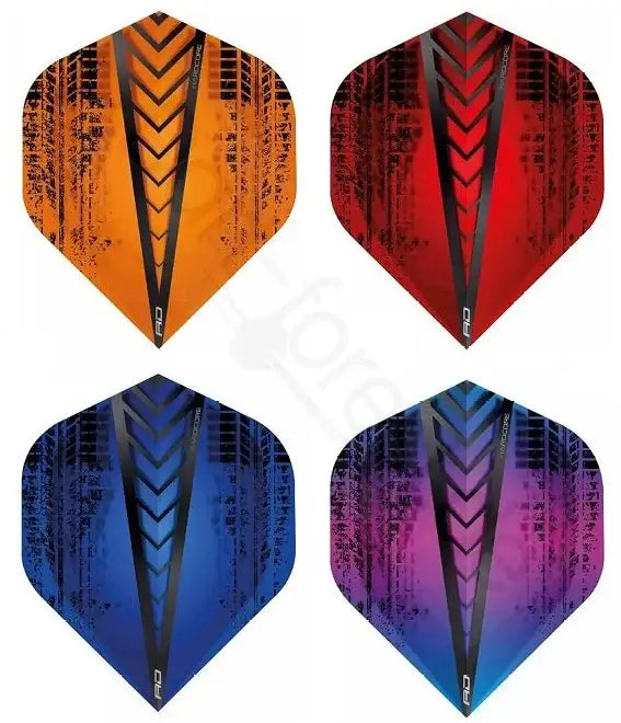 Dartflights in Orange, Rot, Blau und Lila mit geometrischem Muster – ideal für Dartspieler