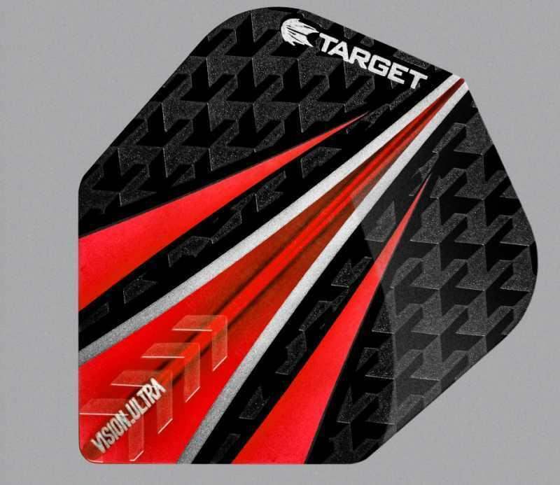 Target Vision Ultra Dartflügel, schwarz-rot mit geometrischem Muster, ideal für Präzision und Stil im Dartspiel