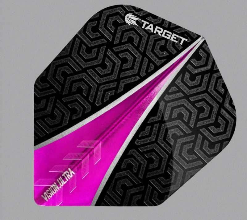 Target Vision Ultra Dartflügel in Schwarz mit pinkem Design, ideal für Dartsportler
