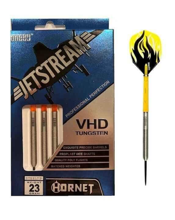 One80 Jetstream VHD Tungsten Dartpfeile 23g mit gelben Flights und Flammen-Design, professionelle Darts für Wettkämpfe