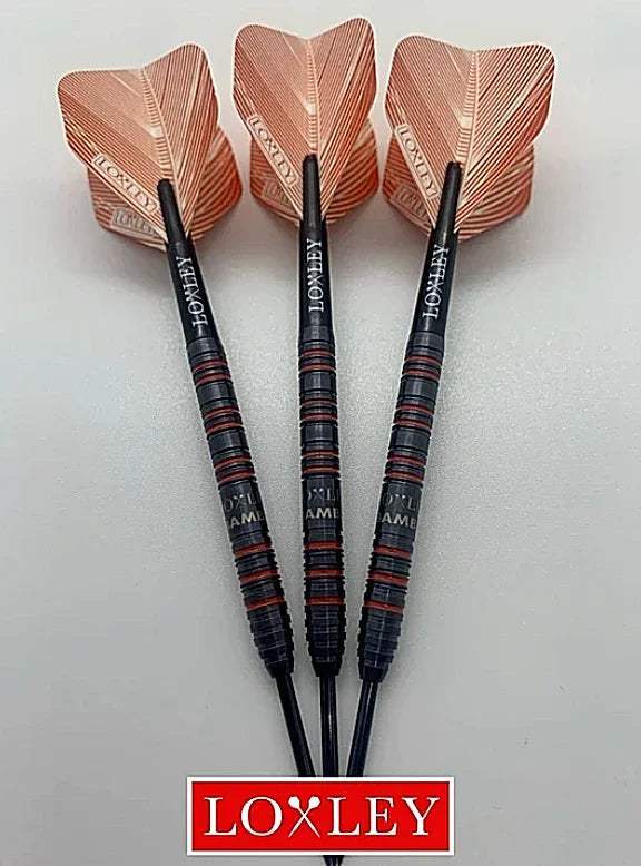 Loxley Darts mit kupferfarbenen Flügeln und schwarzen Griffen – hochwertiges Dartzubehör