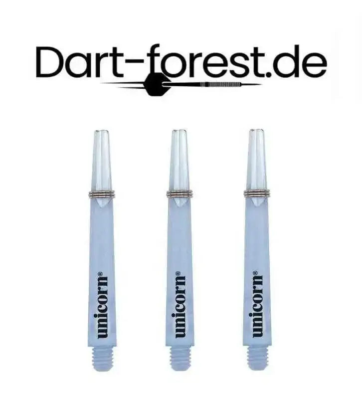 Drei Unicorn Dartflights, transparent mit blauem Schimmer, ideal für Dartspieler – Dart Forest