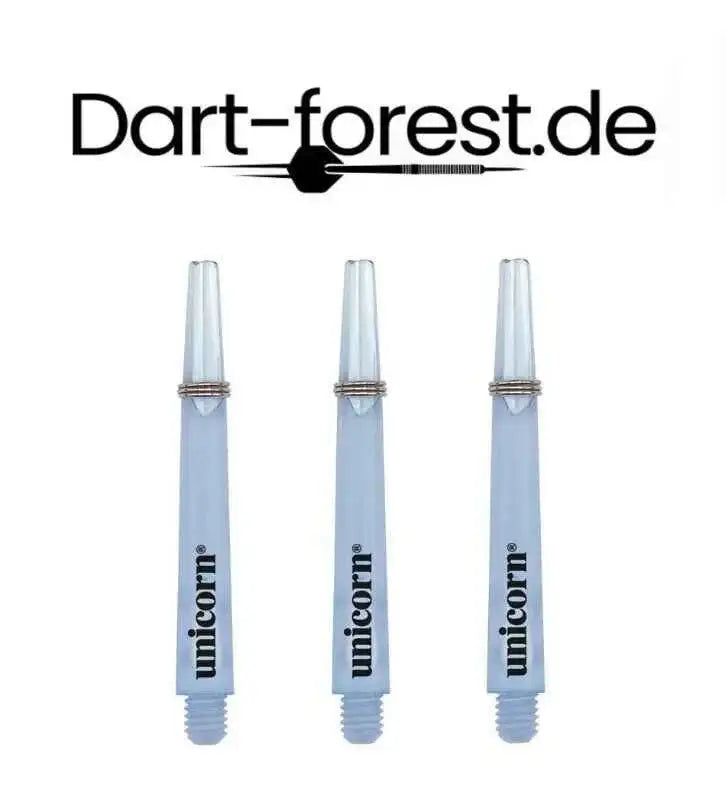 Drei Unicorn Dartflights in hellblau, transparente Spitzen, ideal für Dartpfeile