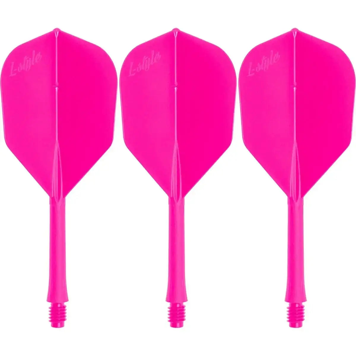 Drei leuchtend pink L-Style Dartflügel für präzises Werfen