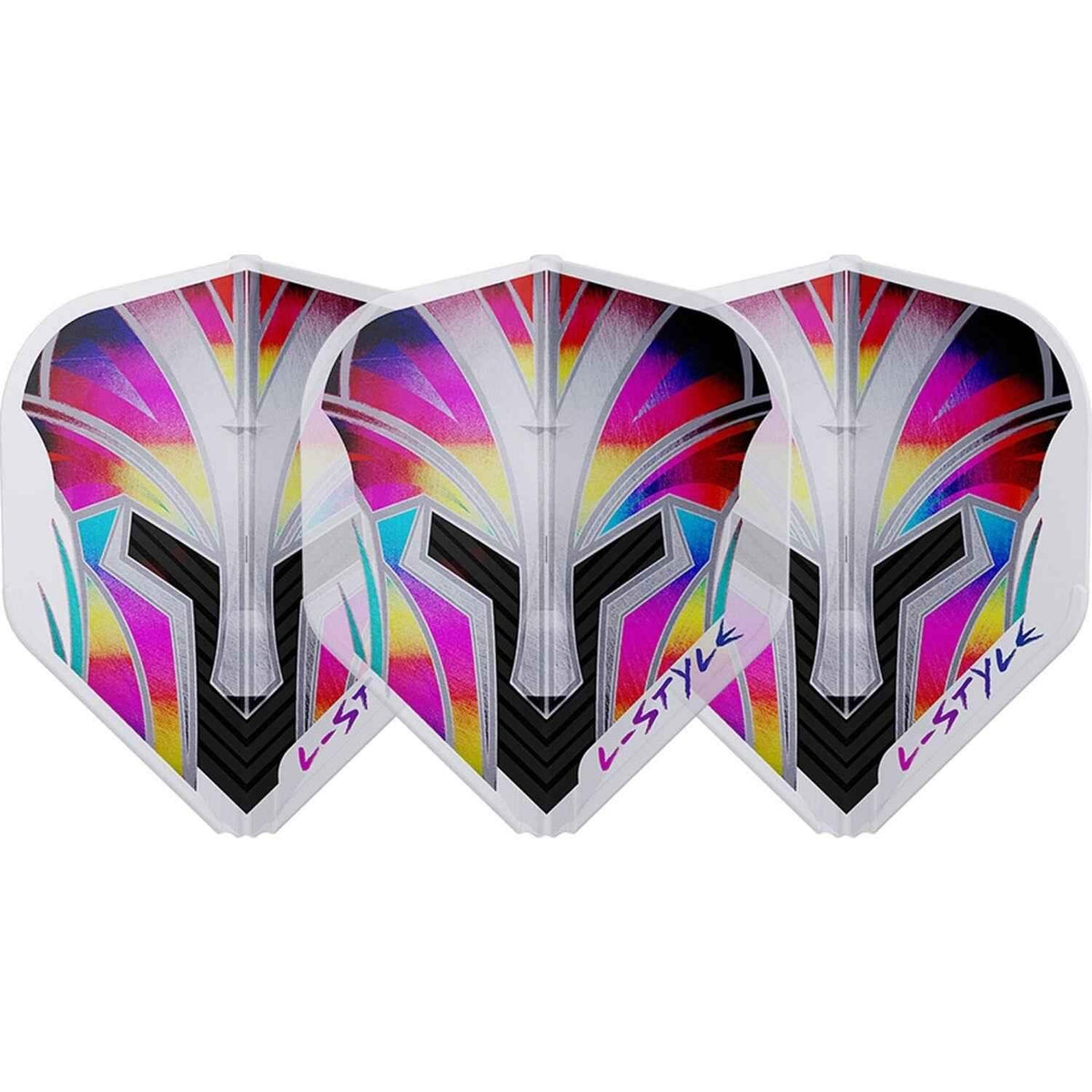 L-Style Dartflights mit buntem Design und geometrischen Mustern für Dartsportler