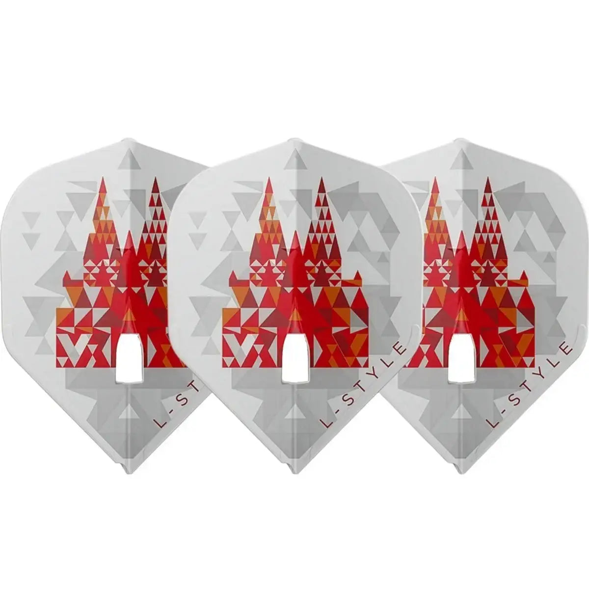 L-Style Dartflights mit geometrischem Rot-Weiß-Muster, ideal für Dartsportler
