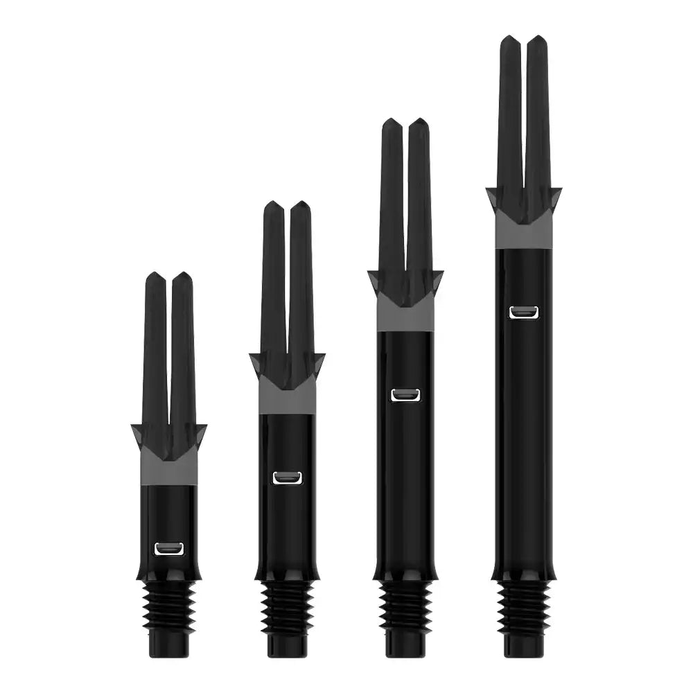 Schwarze Dartshafts mit grauen Akzenten, unterschiedliche Längen, ideal für Dartpfeile und Dartszubehör