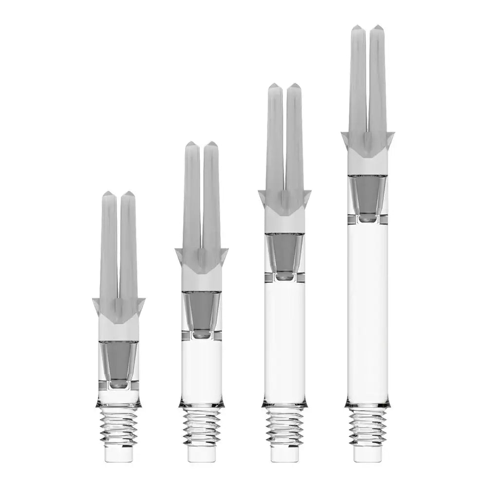 Transparente Dartshafts mit grauen Flights – ideal für Präzision und Stabilität im Dartspiel