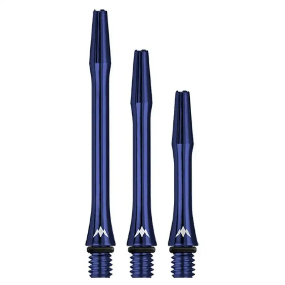 Three blue aluminum dart shafts in different lengths, with threaded ends, on white background