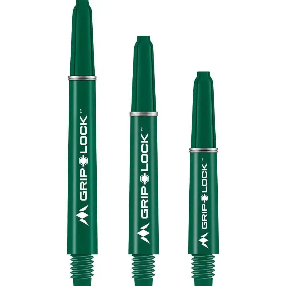 Grüne Grip-Lock Dart-Shafts in drei Längen für sicheren Griff und präzises Werfen