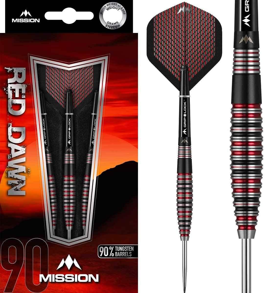 Mission Red Dawn Darts mit 90% Wolfram, Grip-Lock-Griff und roten Flügeln – ideal für Dart-Spieler