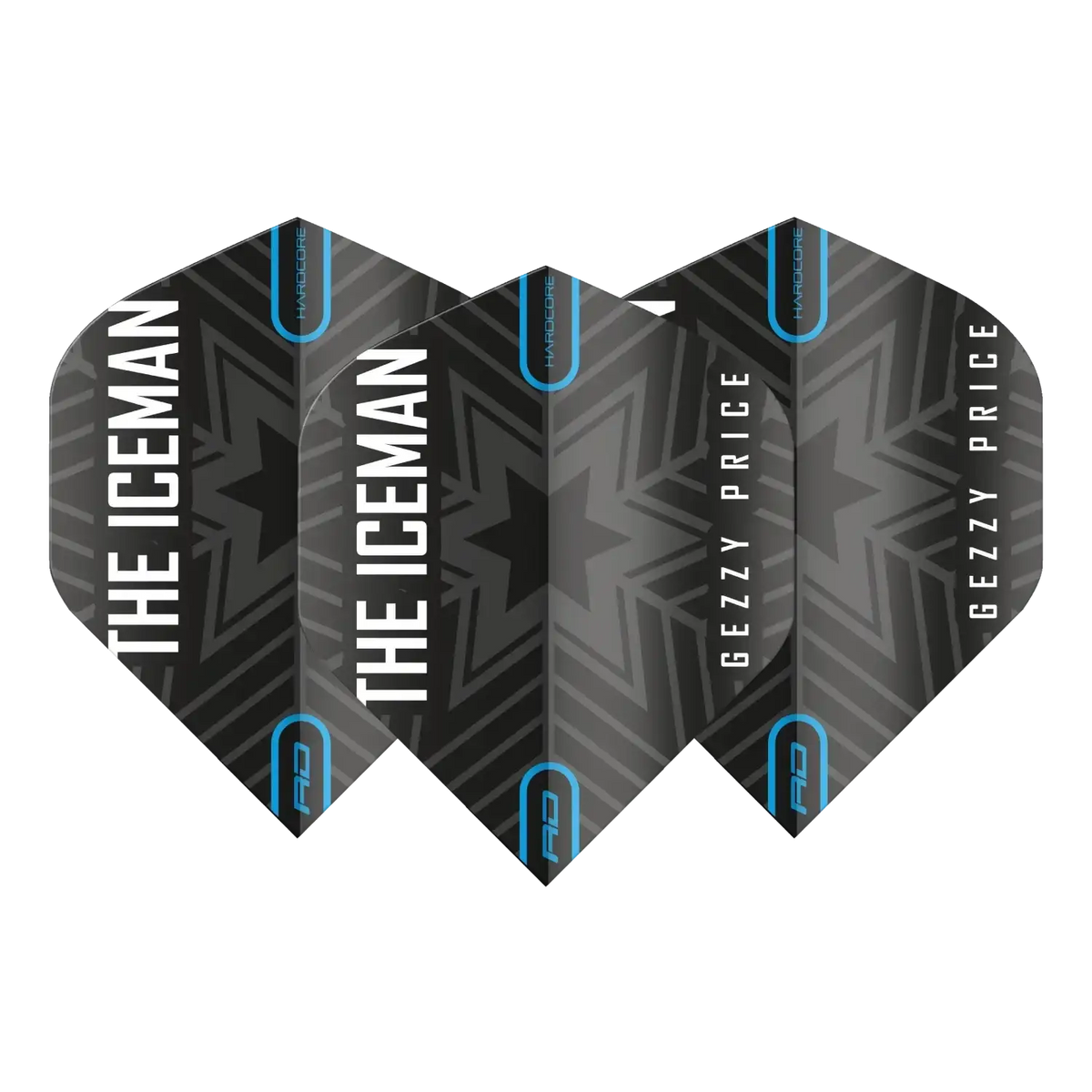 Dartflights 'The Iceman' von Gezzy Price, schwarz mit blauen Akzenten und Sternenmuster, Hardcore-Design