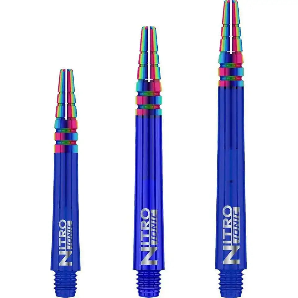 Dart Forest Nitro Ionic Dartshafts in Blau mit Regenbogen-Details, ideal für Dart-Spieler
