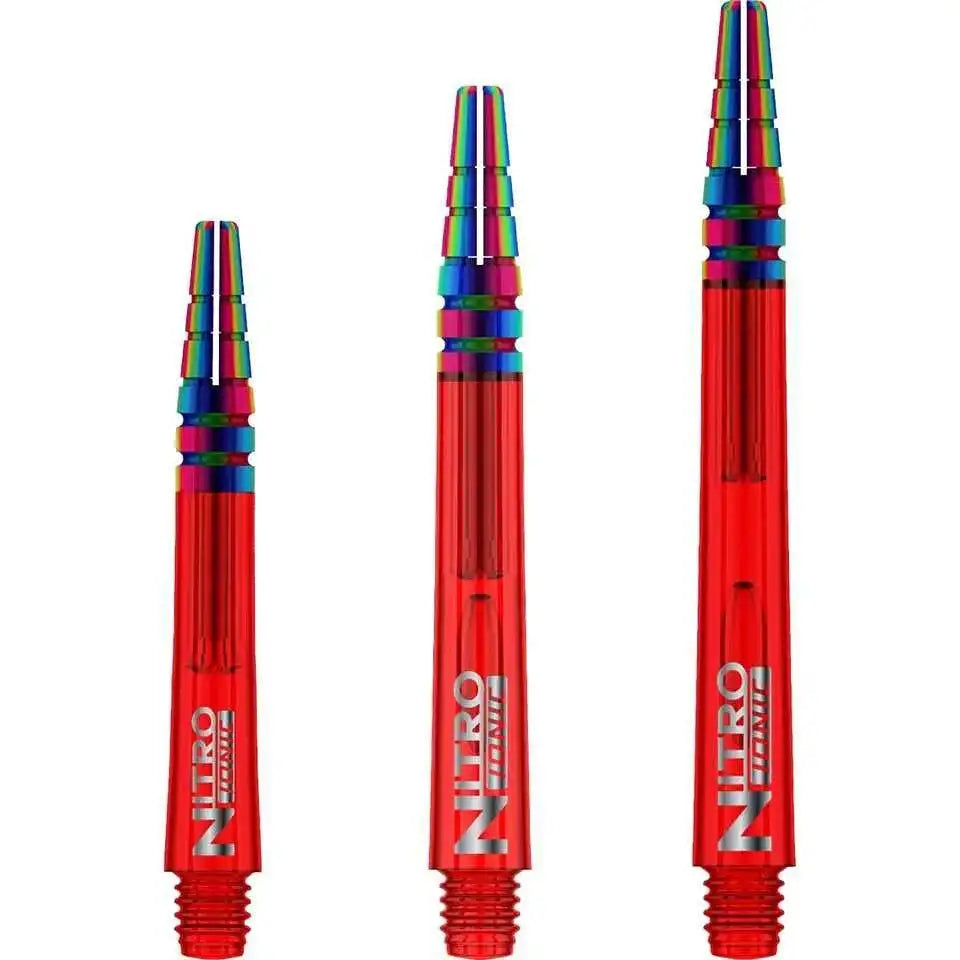 Dart Forest Nitro Z Darts mit farbenfrohen, regenbogenfarbenen Flights und rotem Schaft