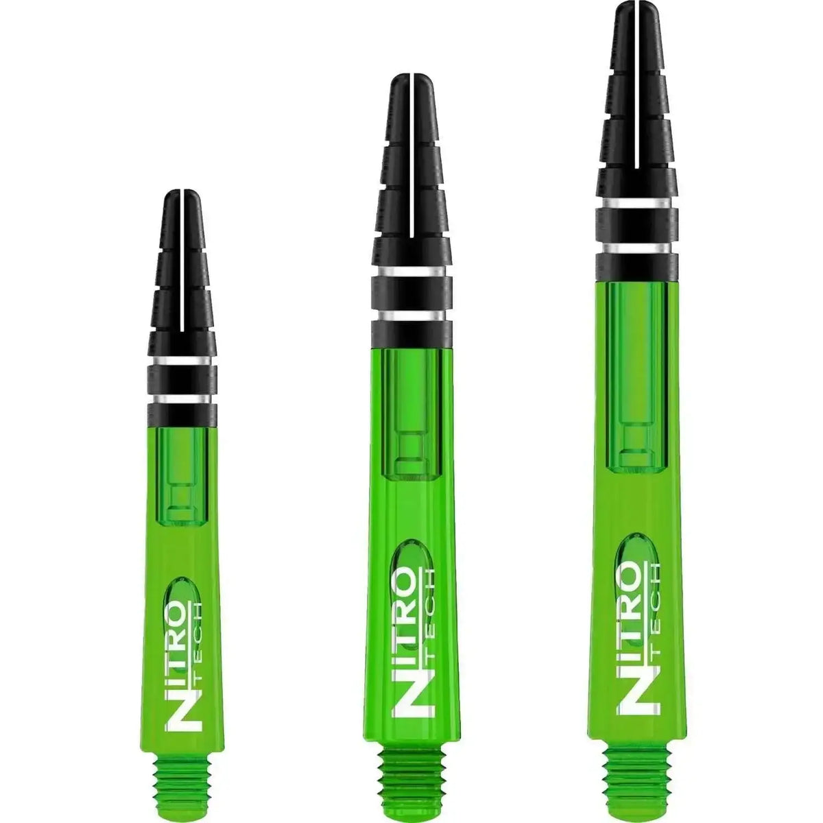 Grüne Nitro Tech Dartpfeile mit schwarzem Schaft und Silberringen, ideal für Dartspieler