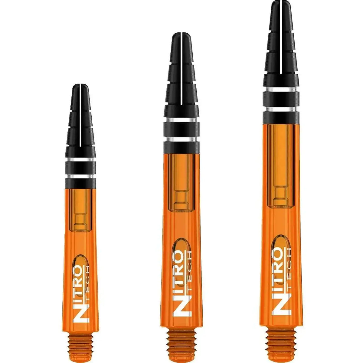 Orange Nitro Tech Dartshafts mit schwarzen Spitzen – ideal für Präzision und Grip im Dartspiel