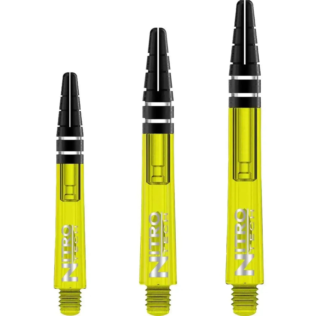 Gelbe Nitro Tech Dartshafts mit schwarzem Grip, ideal für Dartsportler