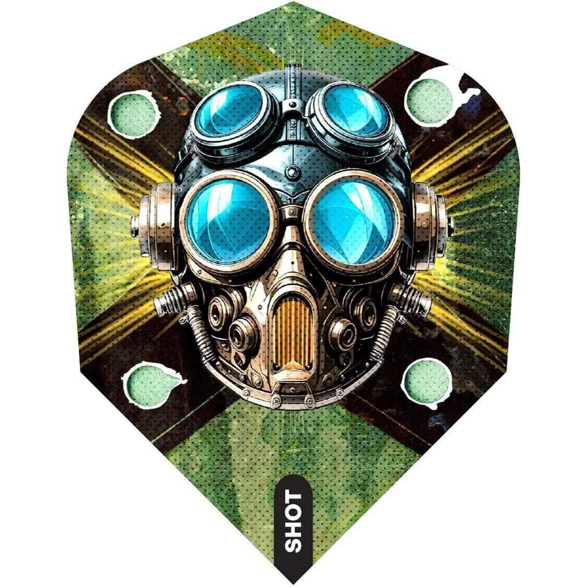Dartflügel mit Steampunk-Gasmasken-Design, blauen Gläsern und grünem Camouflage-Hintergrund, Marke SHOT