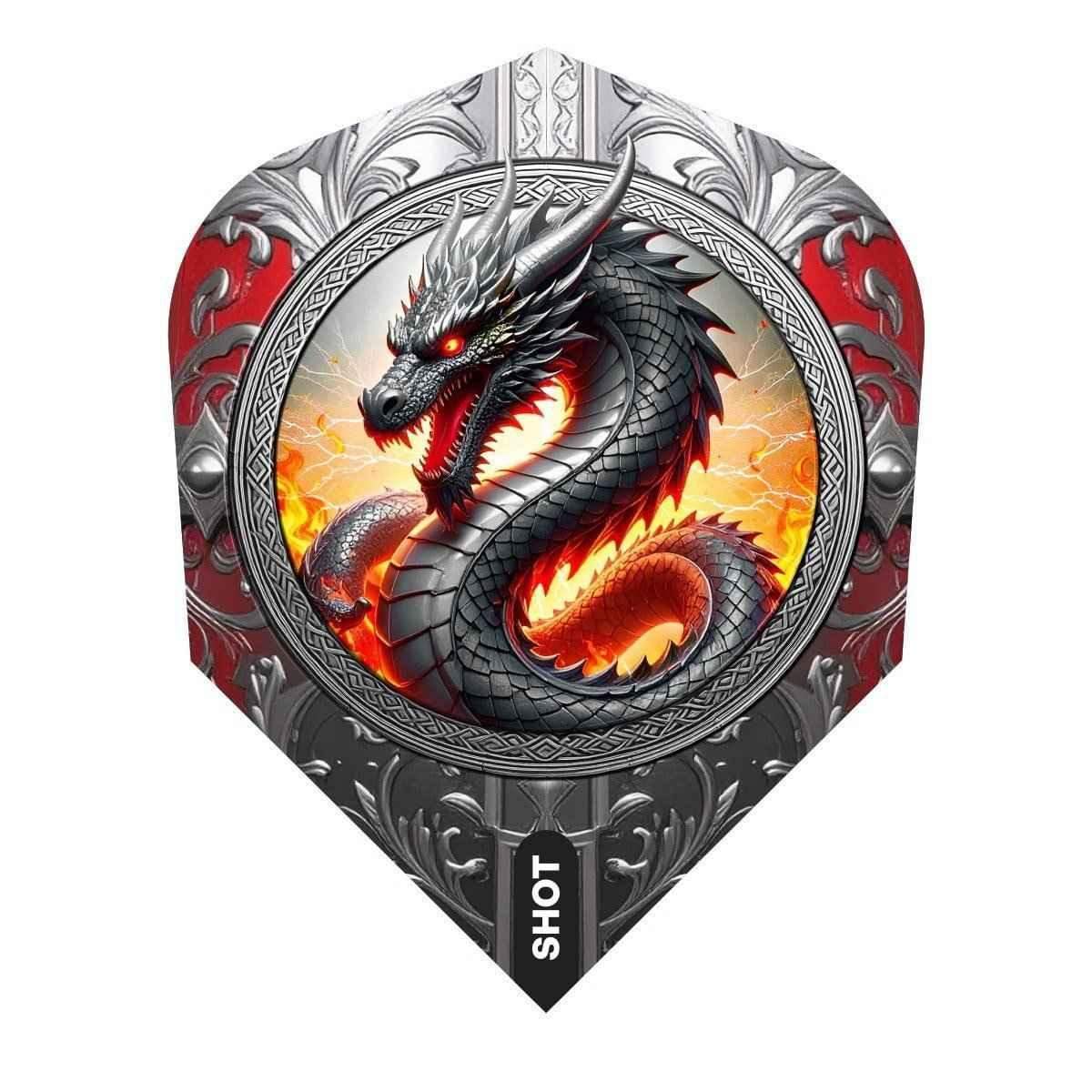 Dartflügel mit Drachenmotiv, rot-silber, 'SHOT' Beschriftung – ideal für Dartspieler