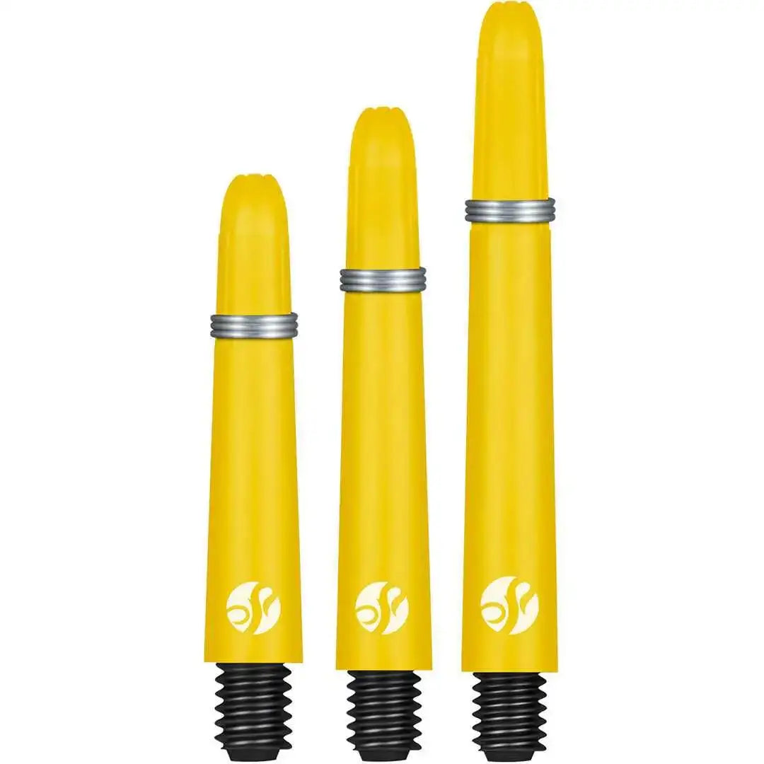 Gelbe Dart-Spitzen mit silbernen Ringen und Logo, ideal für Dartsportler