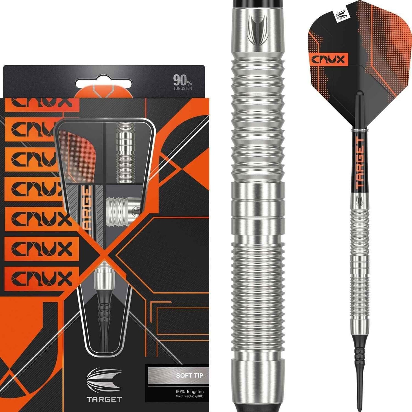 Target Crux Soft Tip Darts mit 90% Wolfram, schwarz-orange Flügeln und geriffeltem Griff