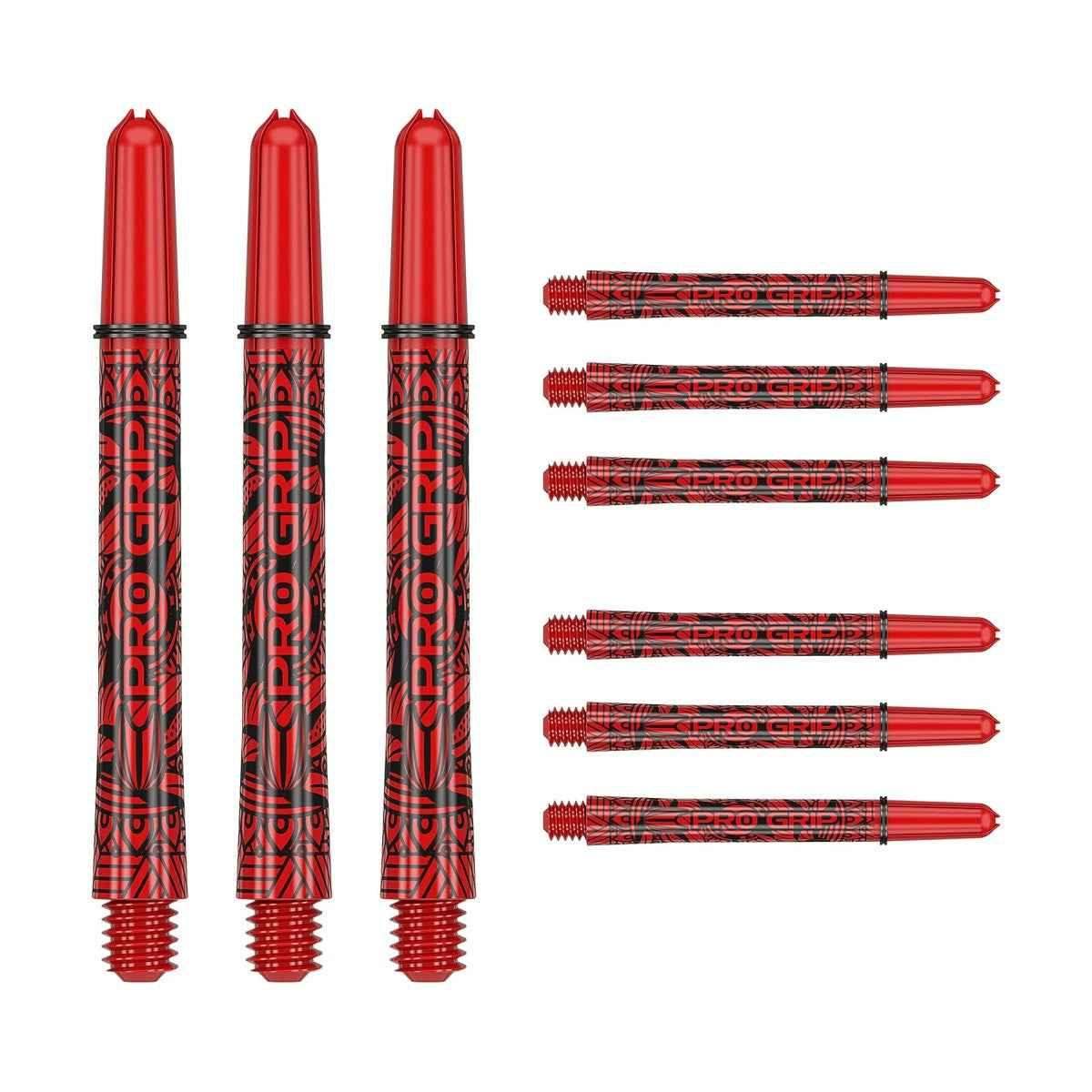 Rote Pro Grip Dartshafts mit schwarzem Muster, ideal für Dartsportler und Dartzubehör