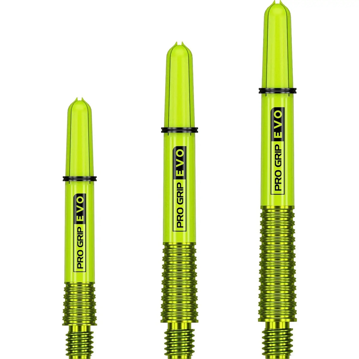 Drei grüne Target Pro Grip EVO Dart-Shafts in verschiedenen Längen