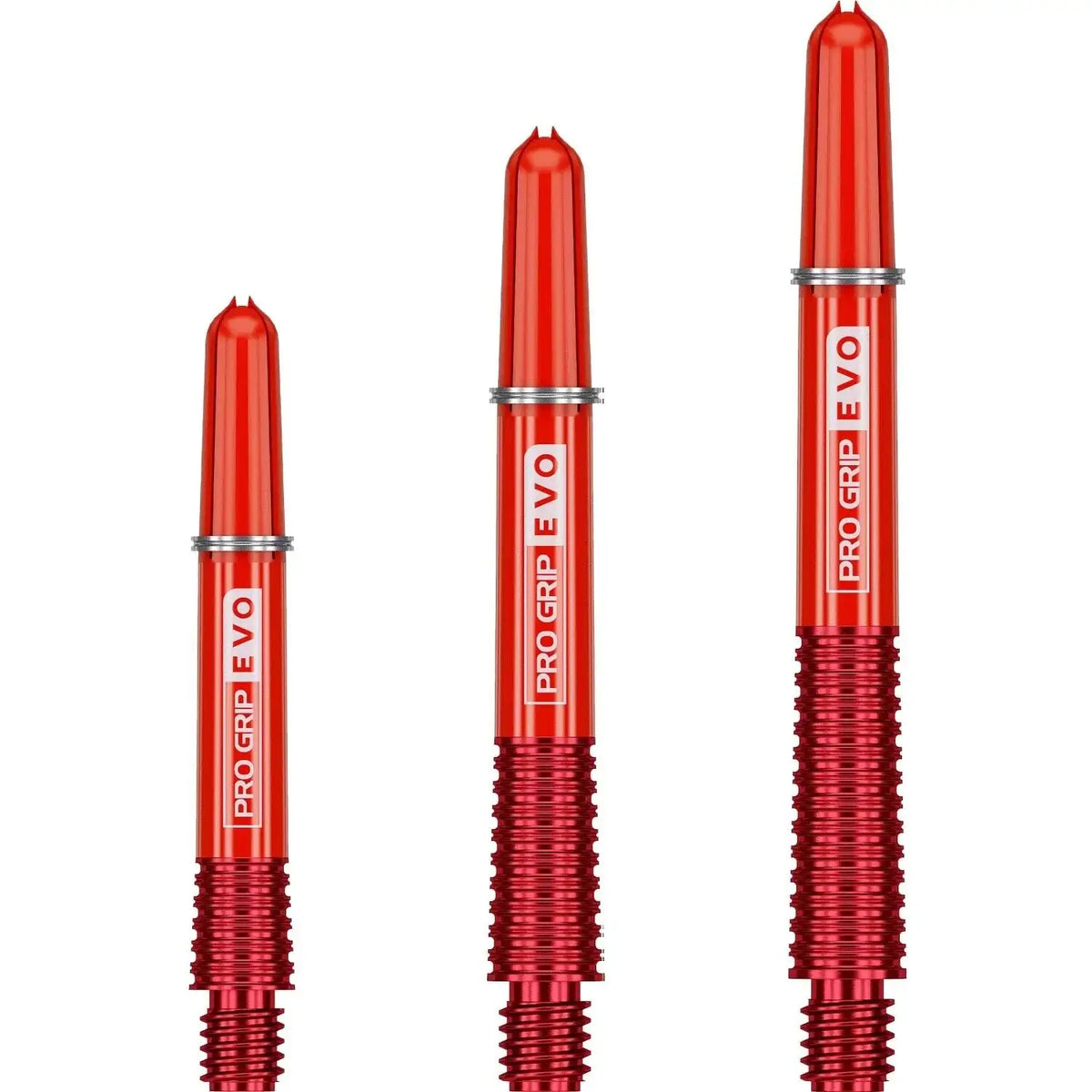 Drei Target Pro Grip EVO Dart-Shafts in Rot in verschiedenen Längen