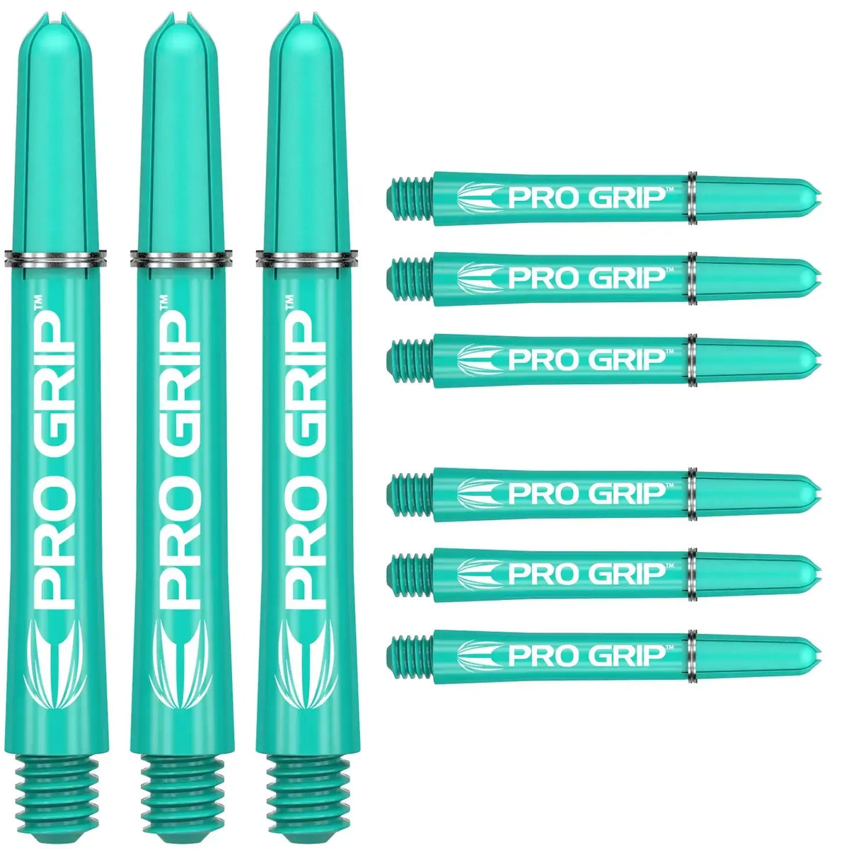 Türkise Pro Grip Dart Shafts mit weißer Beschriftung, ideal für Dartsportler und Dartzubehör