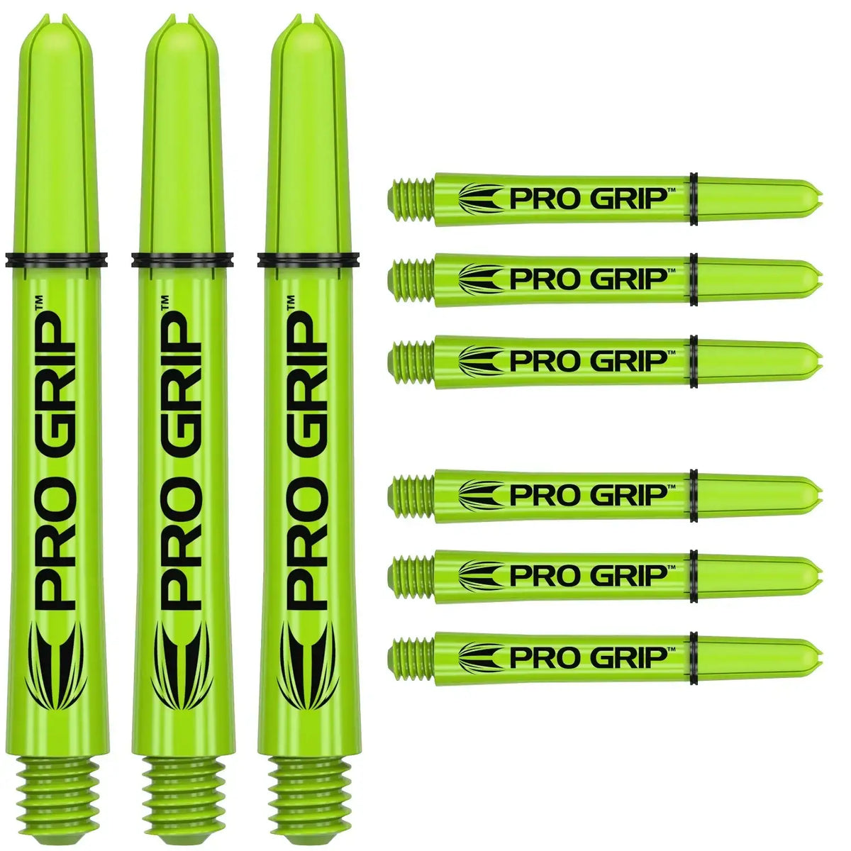 Neon grüne Pro Grip Dartflights mit schwarzem Logo, ideal für Dartsportler und Dartzubehör