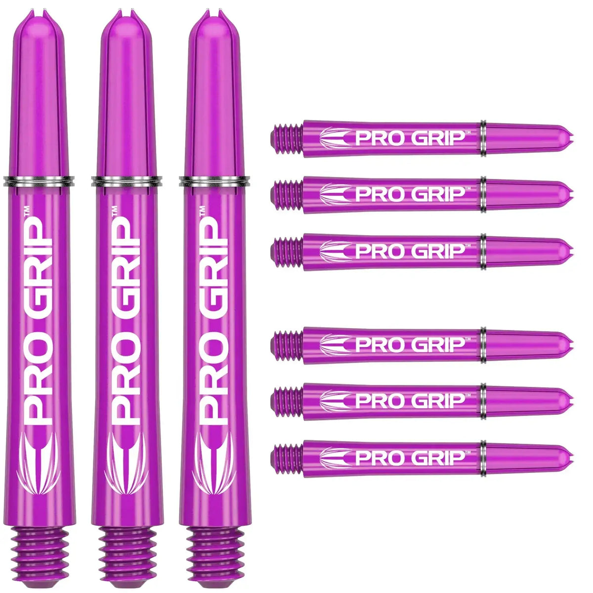 Lila Pro Grip Dartshafts mit weißem Logo, ideal für Dartspieler und Dartszubehör