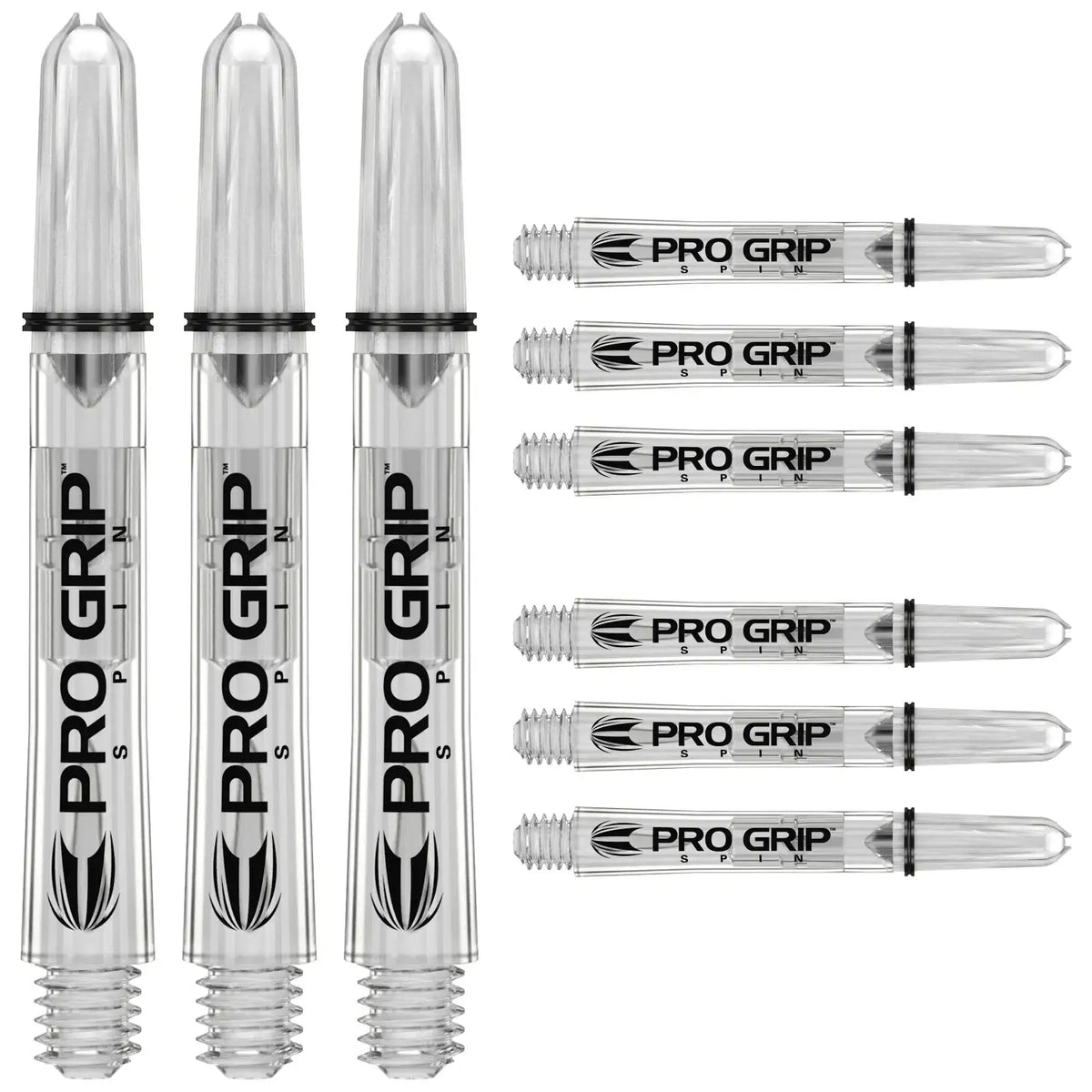 Transparente Pro Grip Spin Dartshafts mit schwarzem Logo, ideal für Dartsportler
