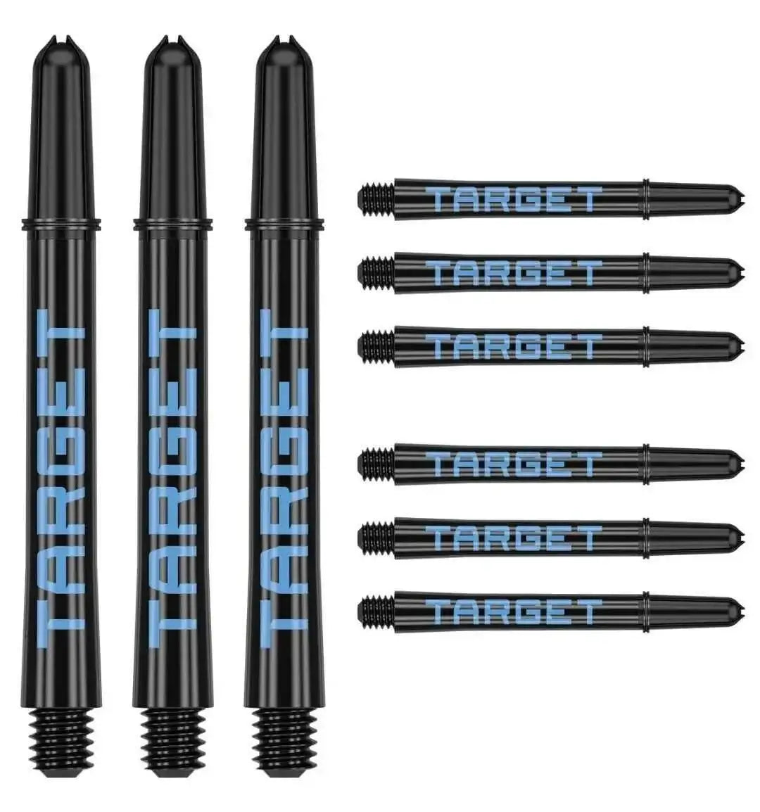 Schwarze Target Dartpfeile mit blauer Beschriftung, ideal für Dartspieler und Turniere